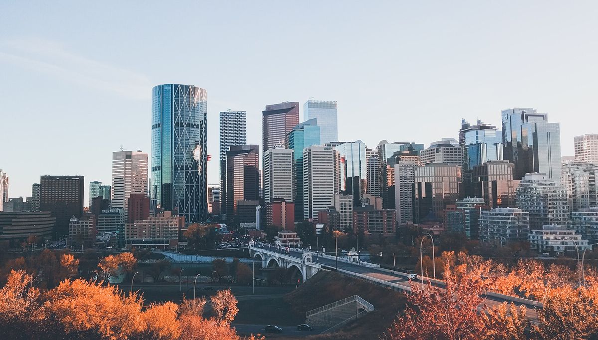 Downtown Calgary and the Bow River seen from the Crescent Heights viewpoint in autumn.