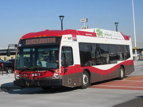 A Calgary Transit bus on route 124 Evanston at North Pointe terminal in north Calgary.