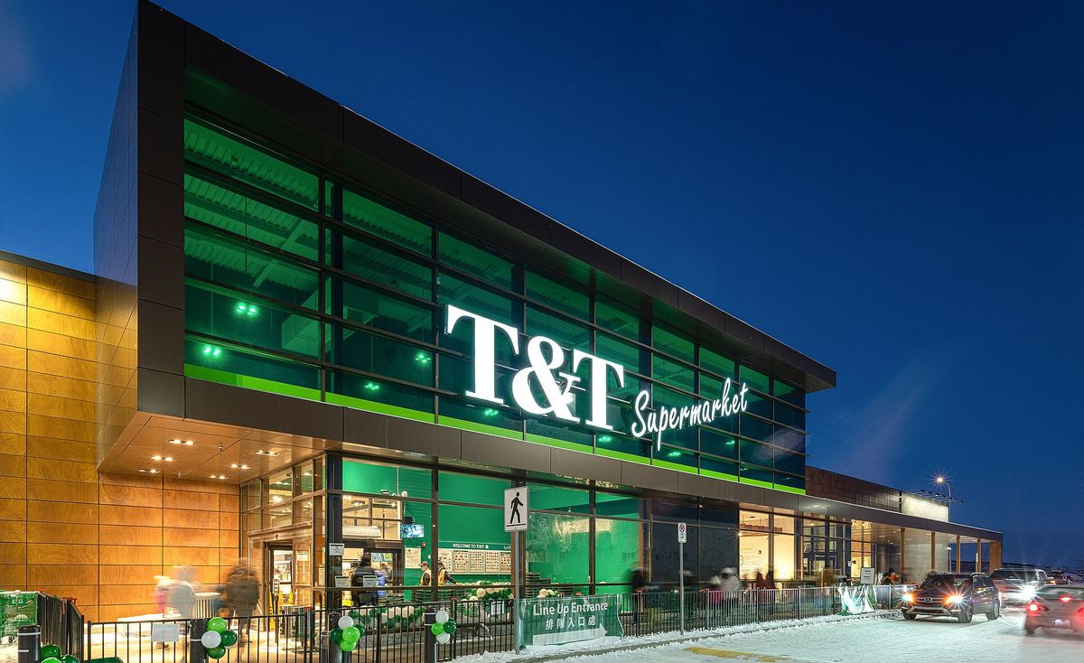 The T&T Supermarket in Sage Hill, north Calgary, at dusk.